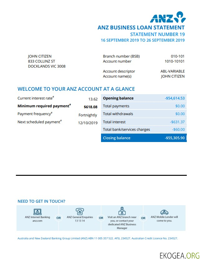 Modèle de relevé bancaire de preuve d'adresse Australie ANZ